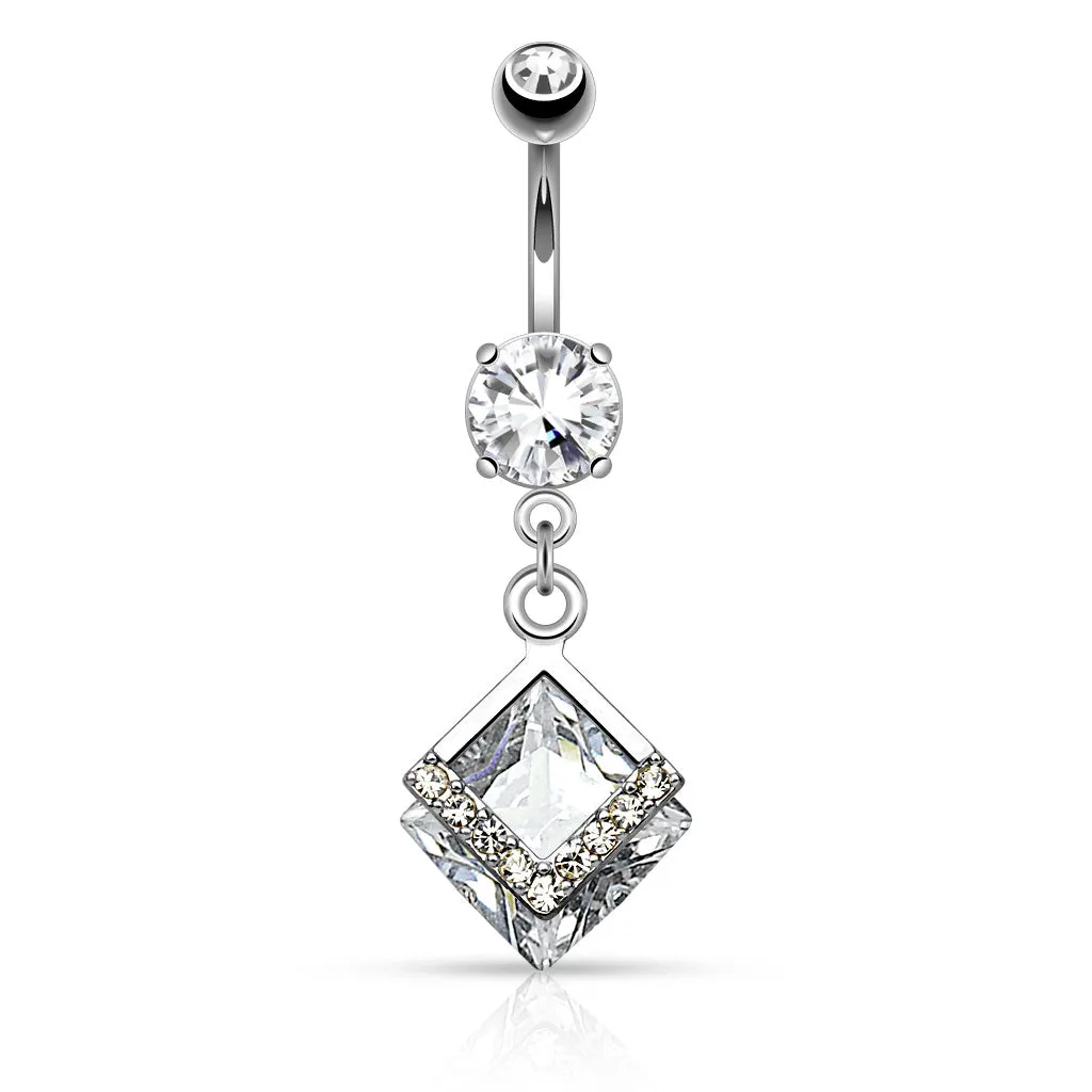 Mounted Diamond Shaped CZ with Paved CZs Dangle Navel Ring