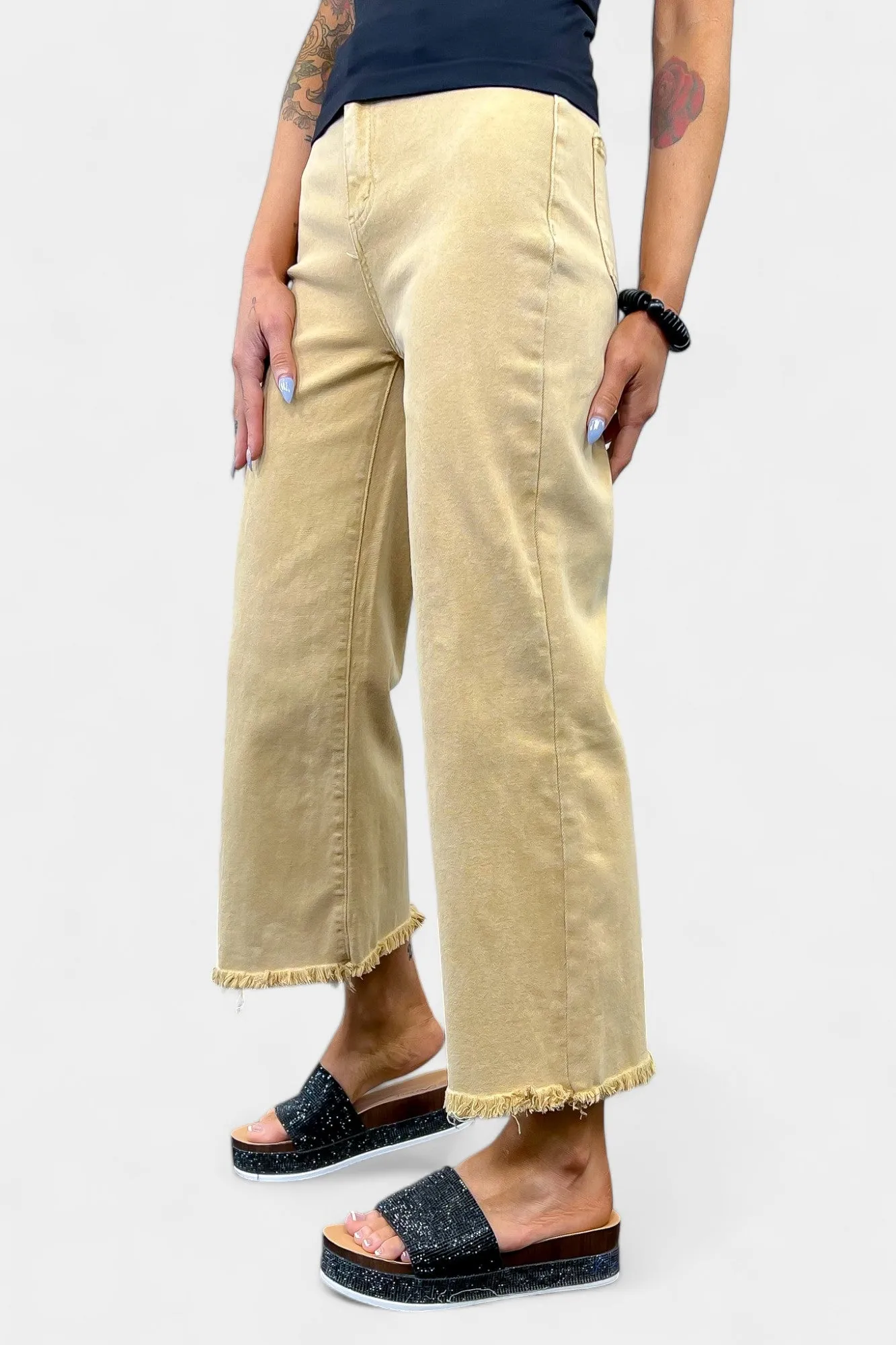 Mustard Acid Wash Frayed Jeans