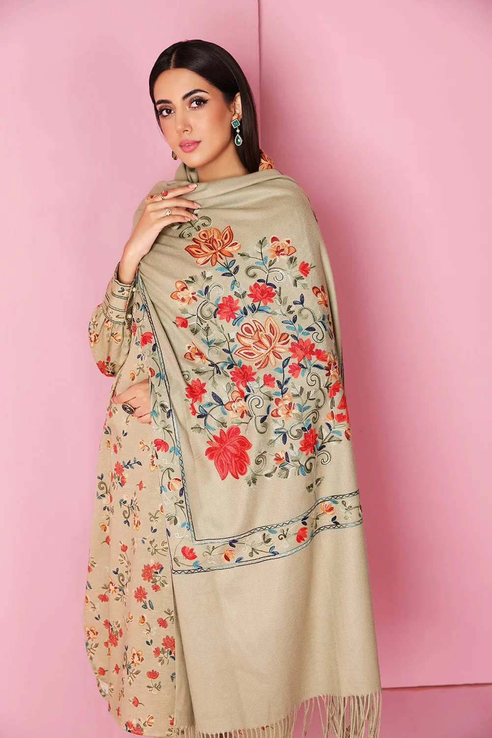 Nishat 540 Skin  Dhanak Embroidered three piece With Woolen Shawl