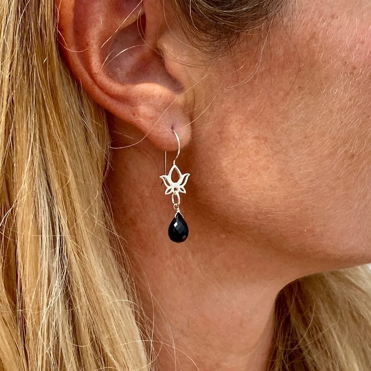 Onyx Earrings with Lotus Flower for Discipline and Self Control