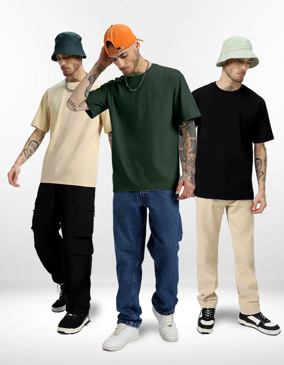 Pack of 3 Oversized Tees: Black & Swanwhite & Olive