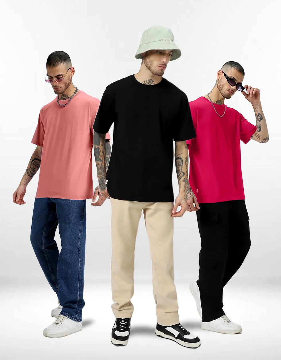 Pack of 3 Oversized Tees: Black ,Vivamagenta ,Soapnut