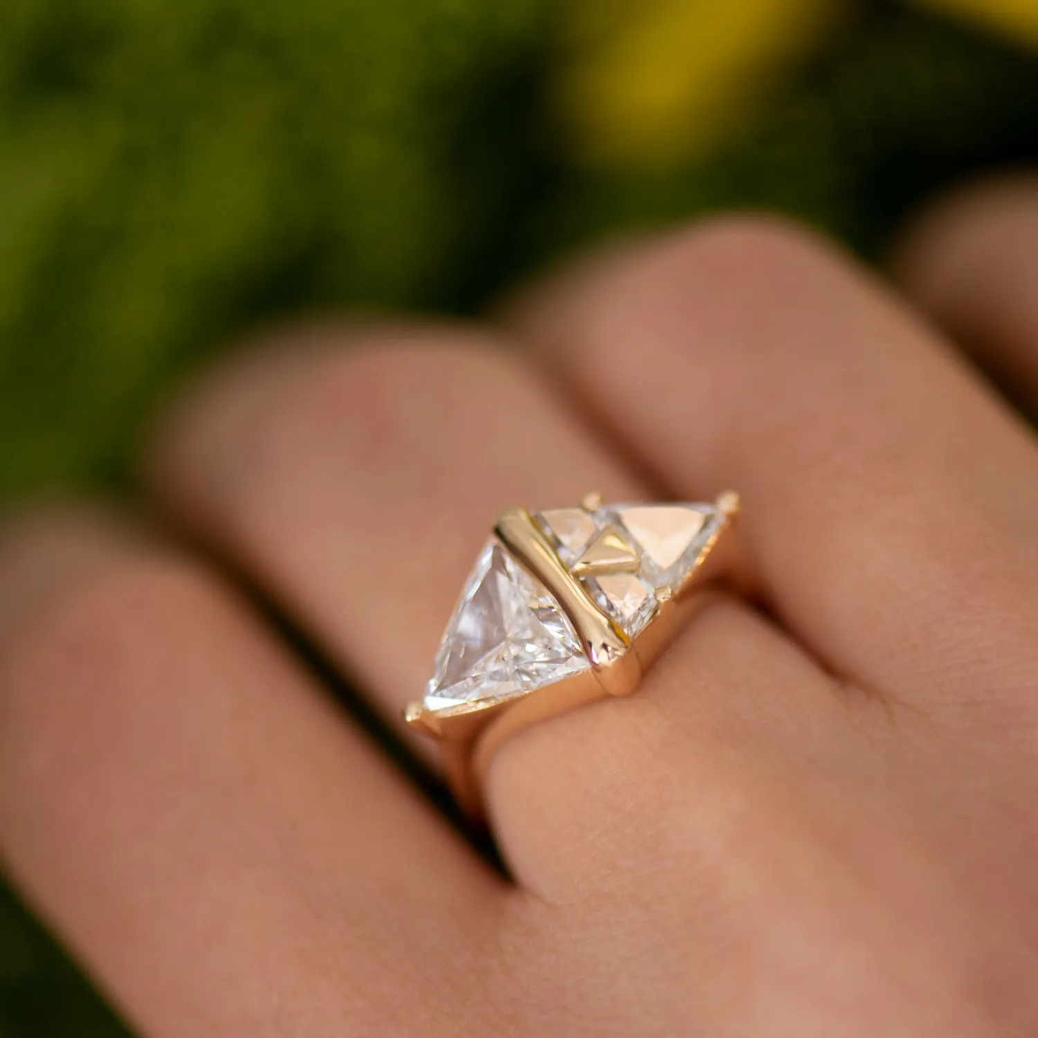 Pyramid Engagement Ring with Trillion and Trapeze Cut Diamonds