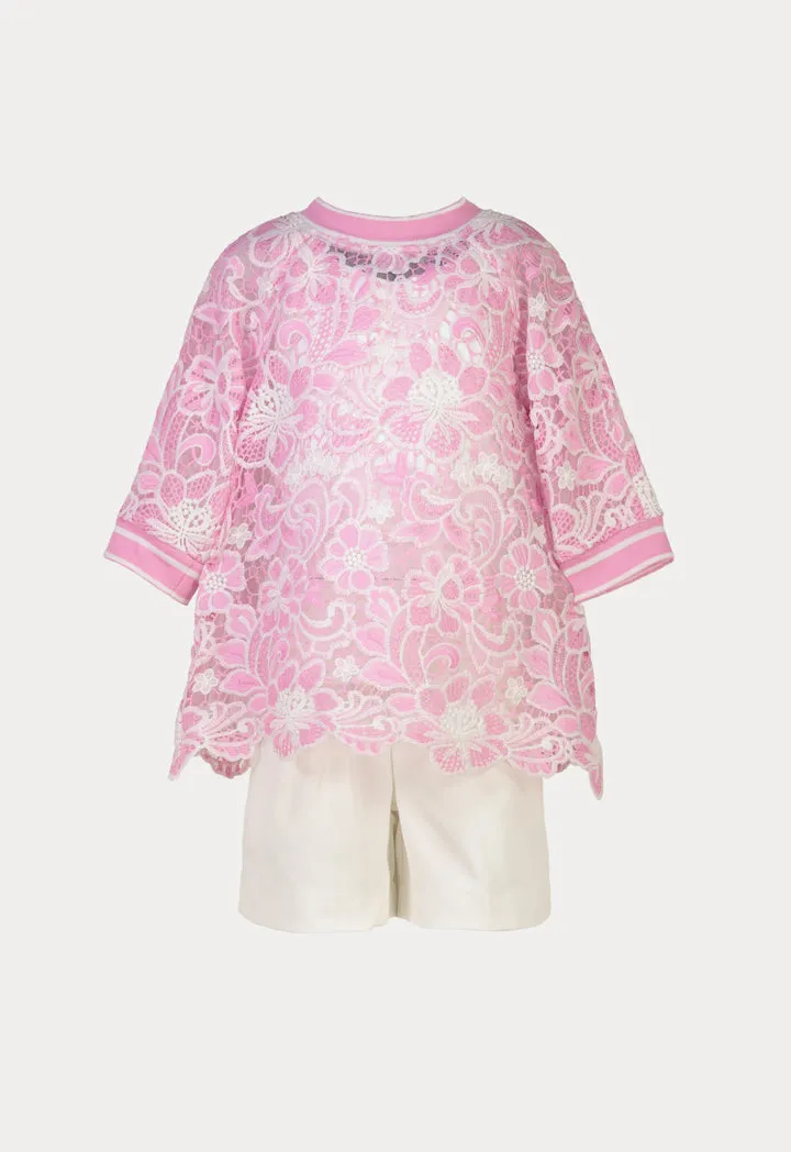 Ribbed Lace Floral Embroidered Blouse And Shorts Set