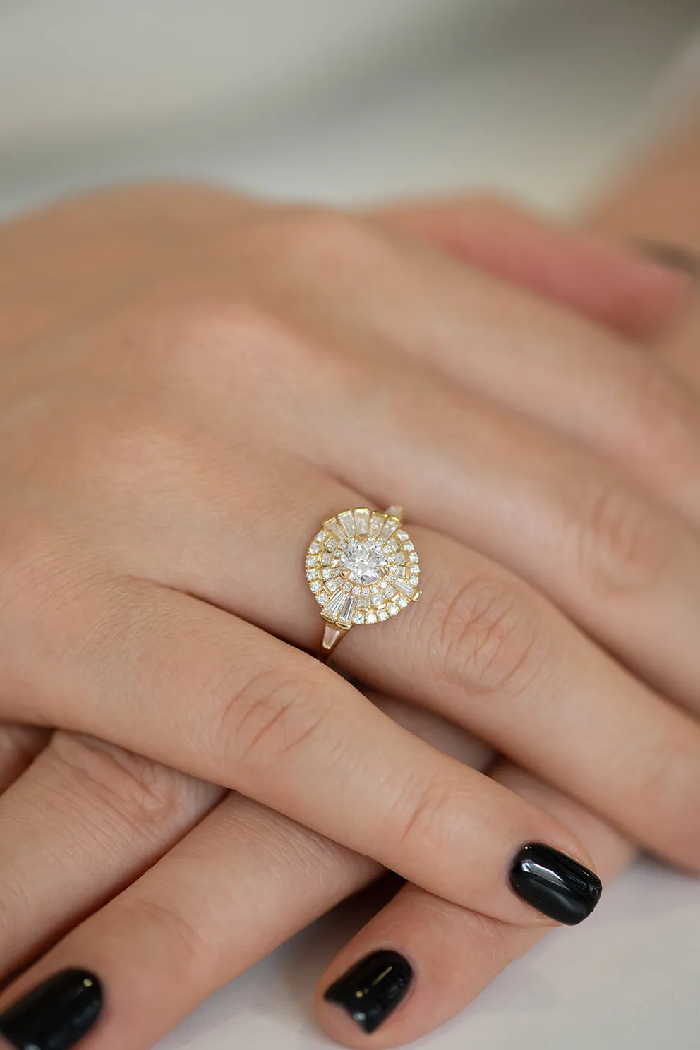 Round Diamond Cluster Ring with Asymmetric Frills