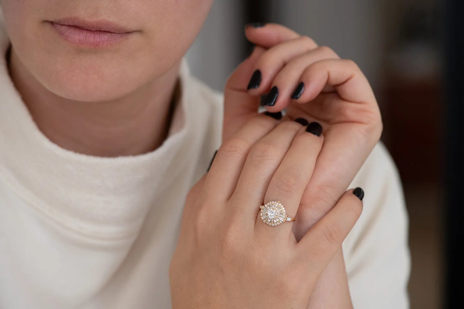 Round Diamond Cluster Ring with Asymmetric Frills