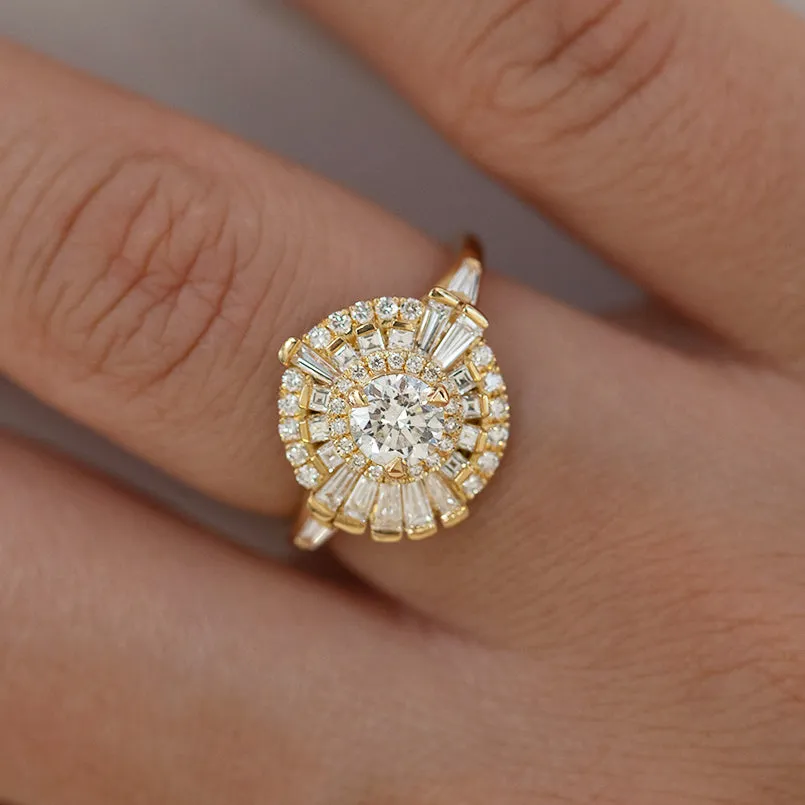 Round Diamond Cluster Ring with Asymmetric Frills