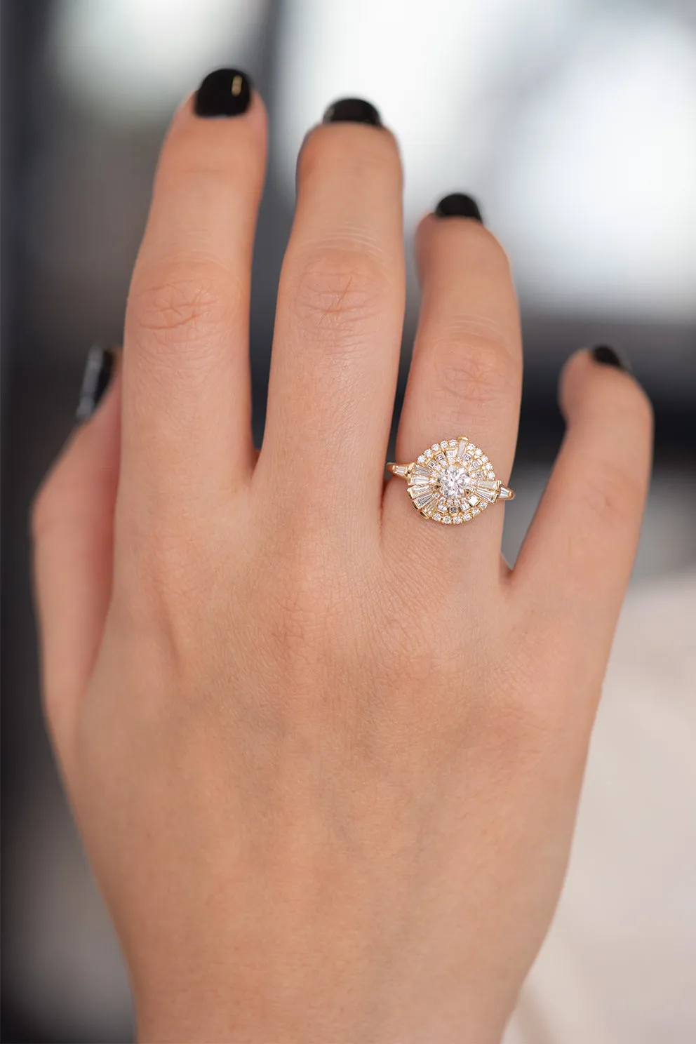 Round Diamond Cluster Ring with Asymmetric Frills