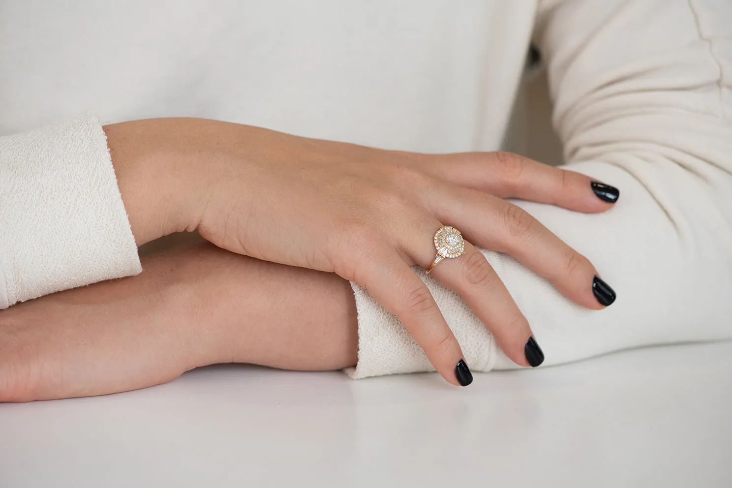 Round Diamond Cluster Ring with Asymmetric Frills