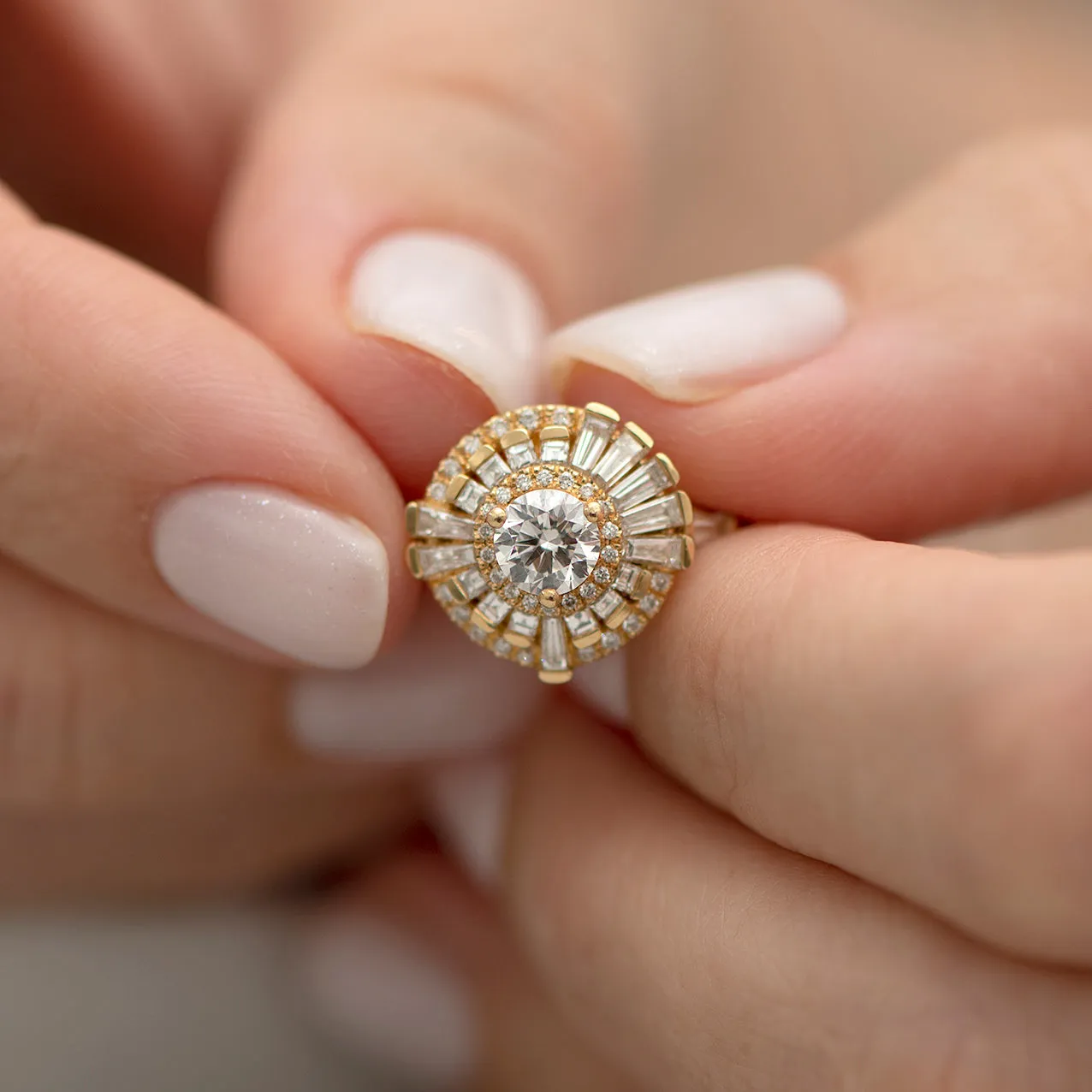 Round Diamond Cluster Ring with Asymmetric Frills