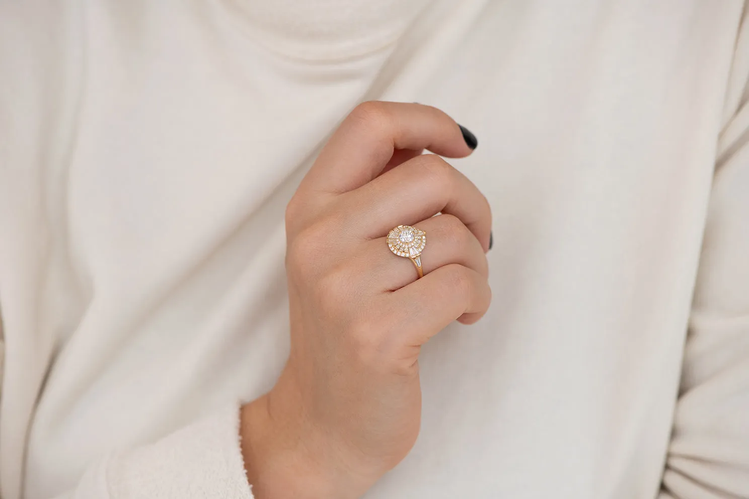 Round Diamond Cluster Ring with Asymmetric Frills