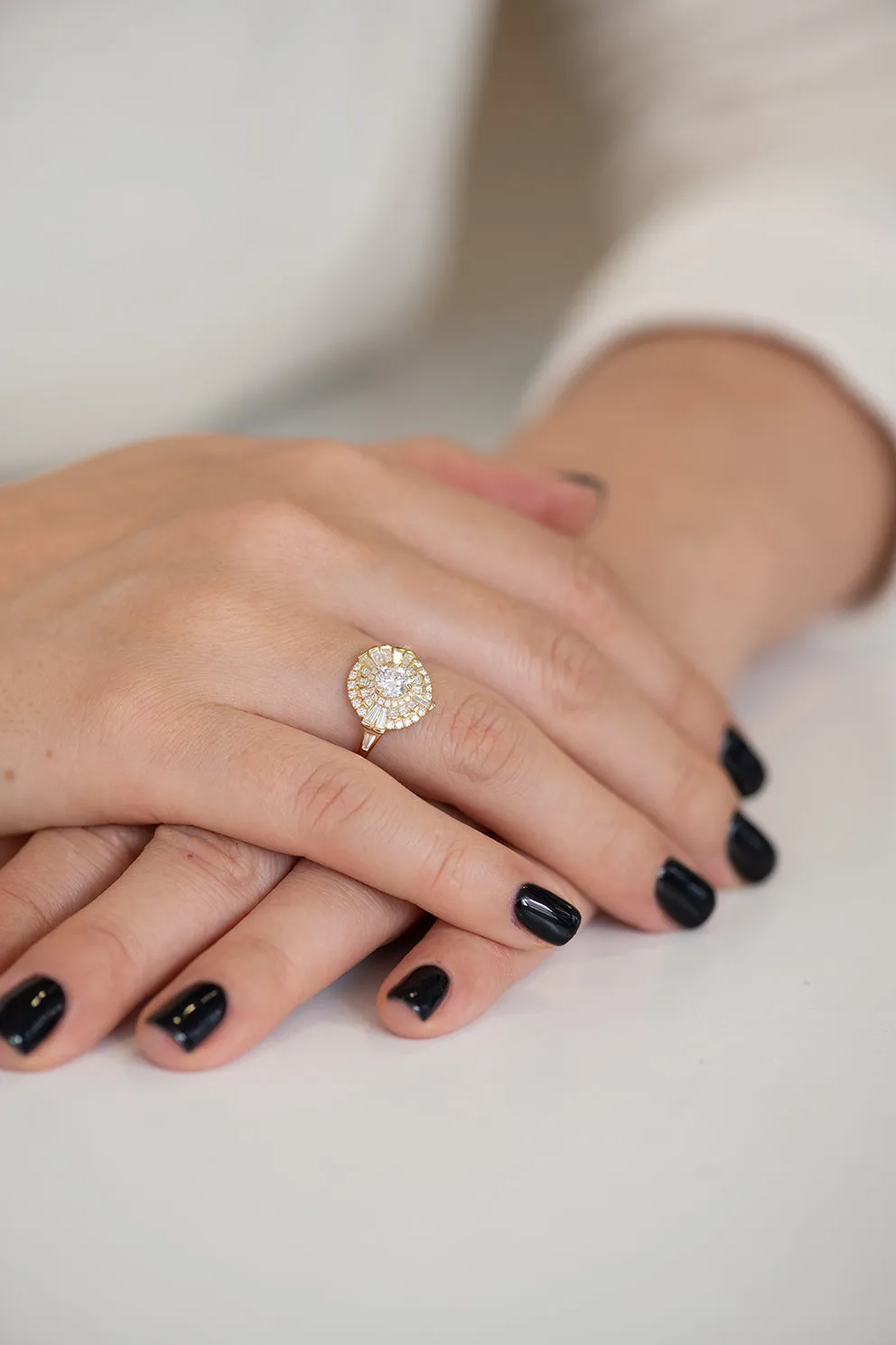 Round Diamond Cluster Ring with Asymmetric Frills