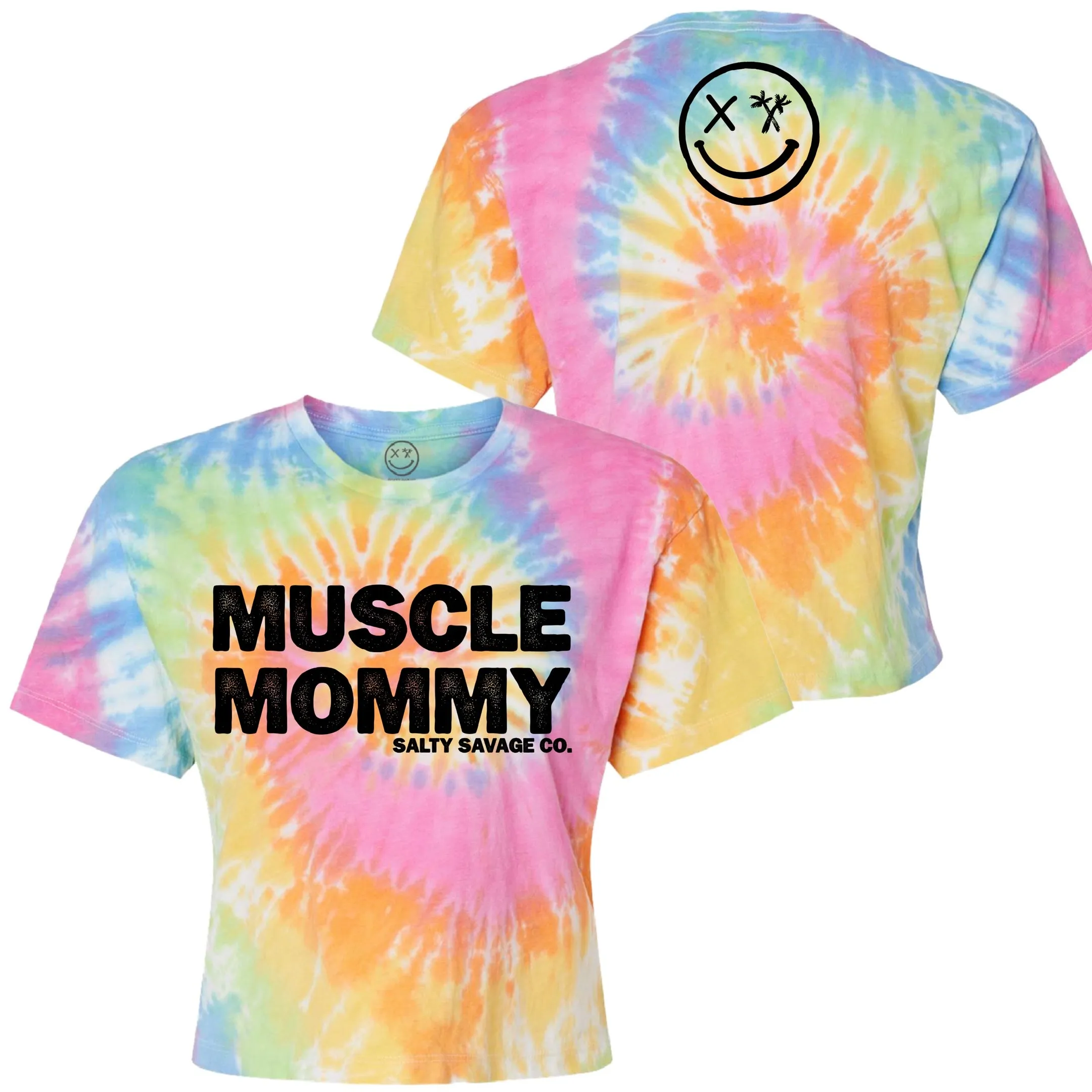 Salty Savage Ladies "MUSCLE MOMMY" Spiral Tie Dye Crop Tee