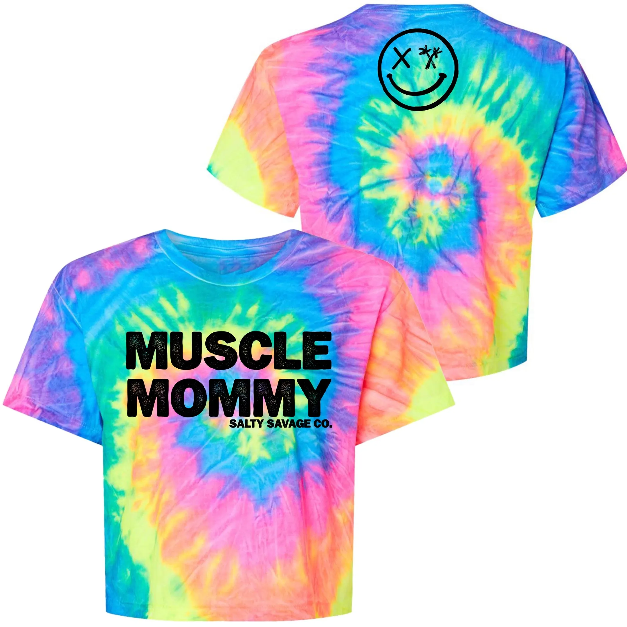 Salty Savage Ladies "MUSCLE MOMMY" Spiral Tie Dye Crop Tee