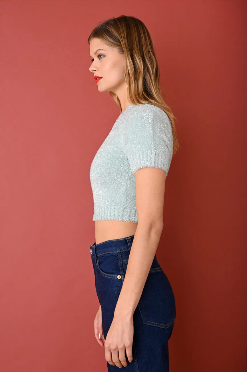 Seafoam Tinsel Short Sleeve Crop Crew