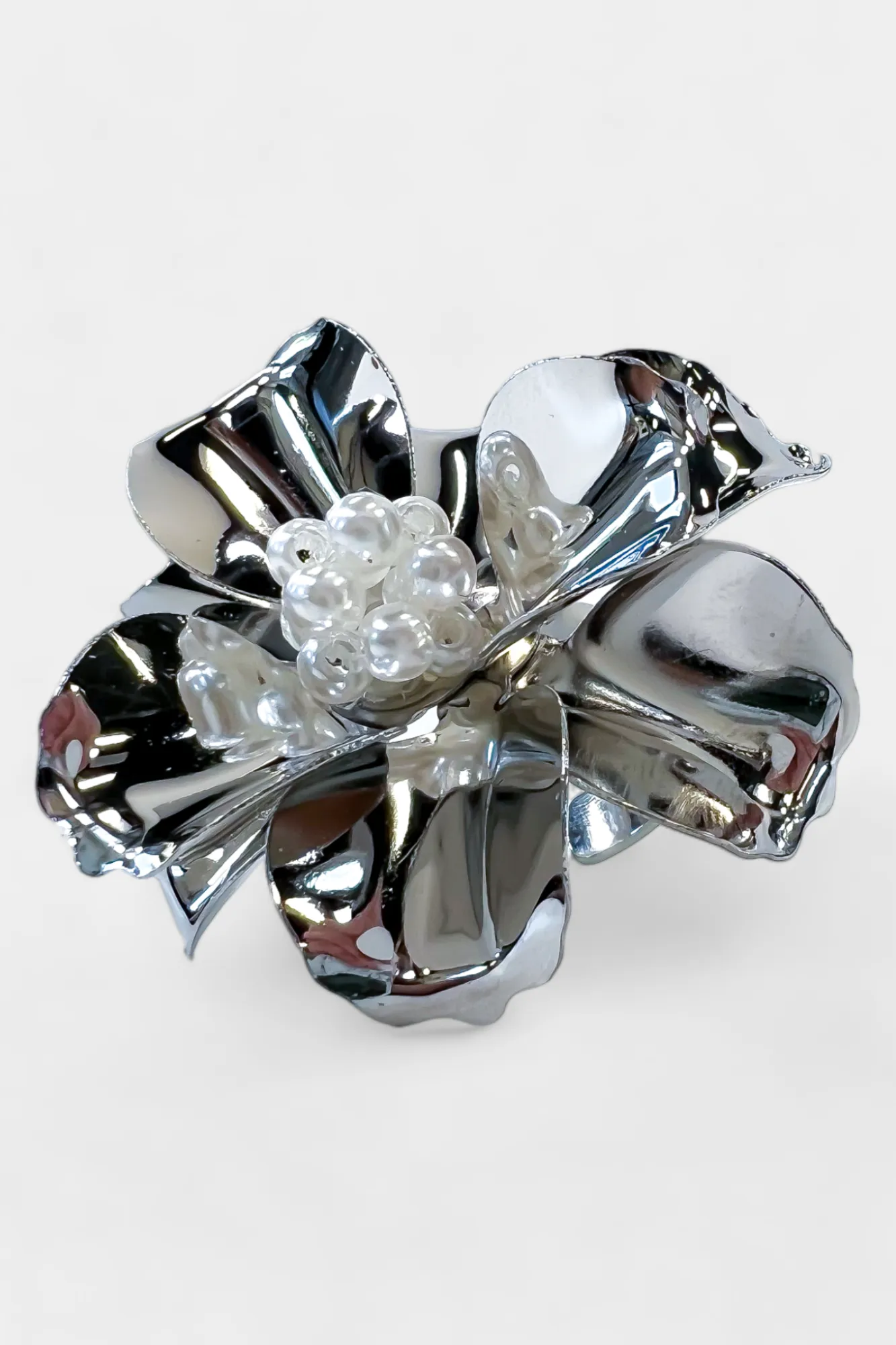 Silver & Pearl Flower Adjustable Ring