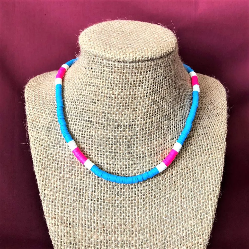 Sky Blue Pink and White Polymer Beaded Necklace