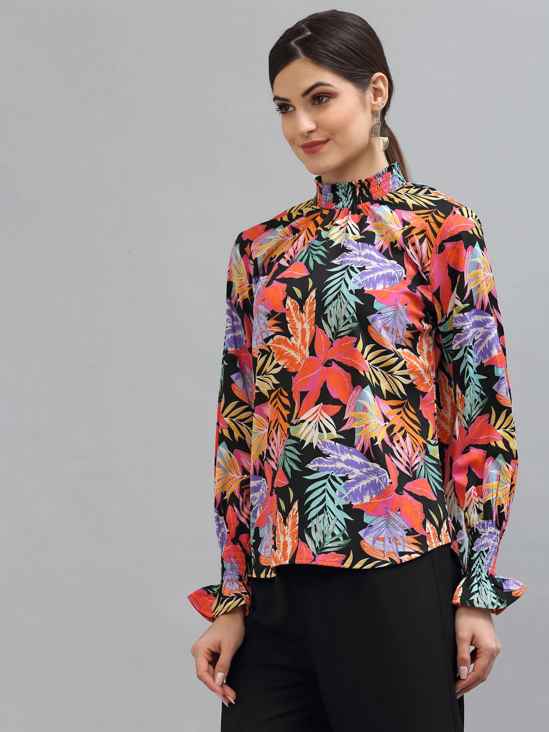 Style Quotient Women Black Floral Print Crepe Top