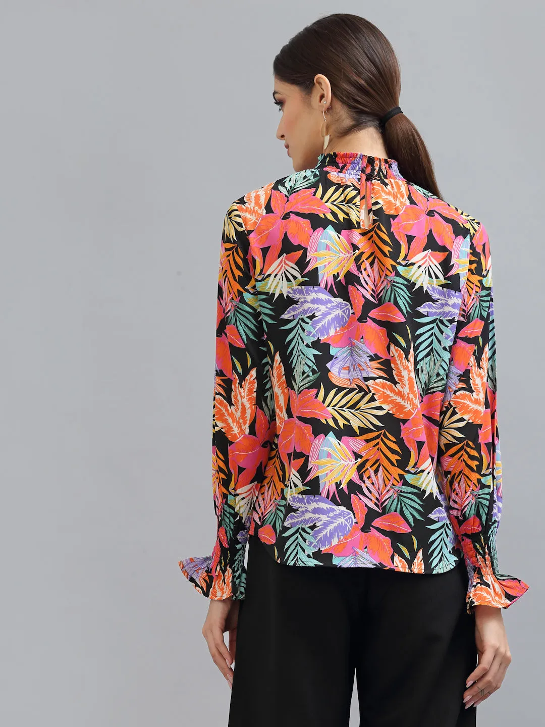 Style Quotient Women Black Floral Print Crepe Top