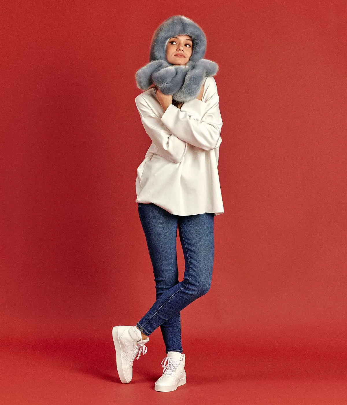 Suzan Vegan Fur Hooded Scarf | Sky Blue