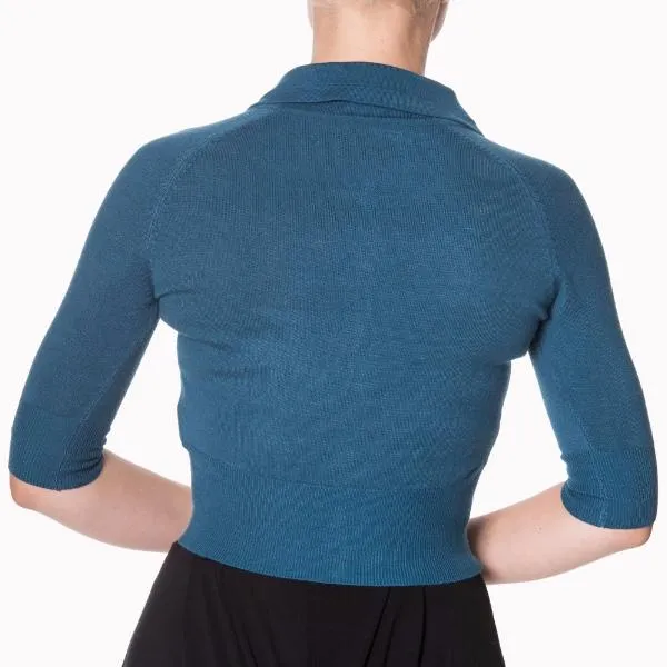 Teal Blue Short Sleeve Crop Collar Cardigan