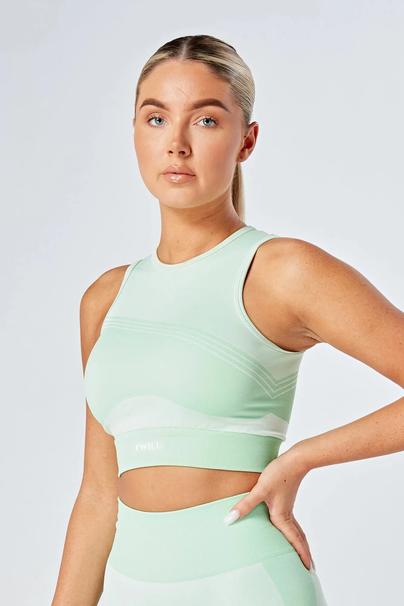 Twill Active Recycled Colour Block Racer Crop Top - Green