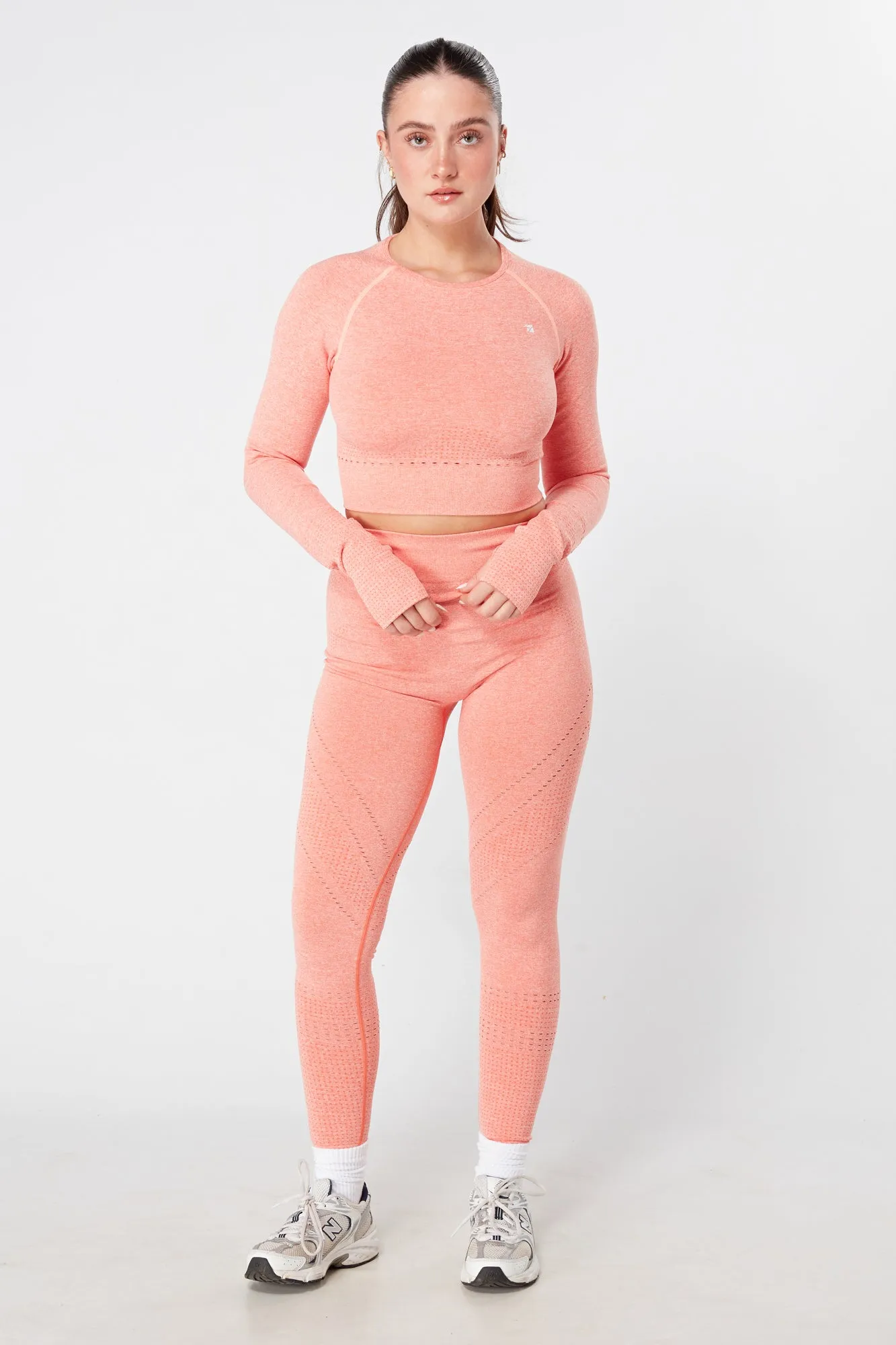 Twill Active Seamless Marl Laser cut Full Sleeve Crop Top - Coral