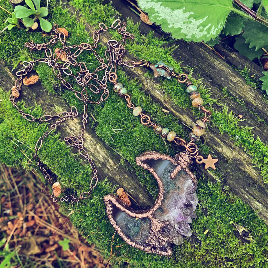 Under an Amethyst Moon // copper electroformed crescent moon amethyst slice bohemian necklace