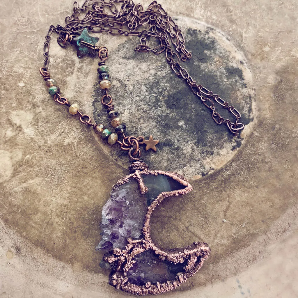 Under an Amethyst Moon // copper electroformed crescent moon amethyst slice bohemian necklace