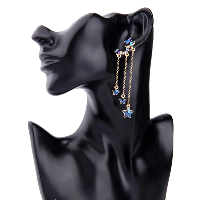 Unique Design Crystal Cute Blue Stars Long Dangle Earrings