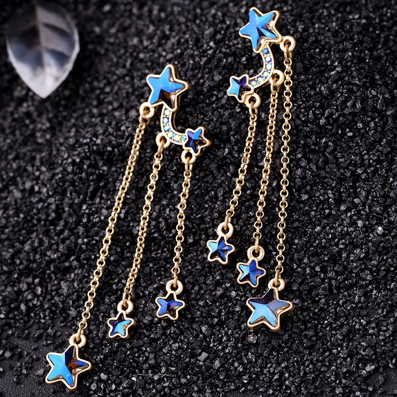 Unique Design Crystal Cute Blue Stars Long Dangle Earrings