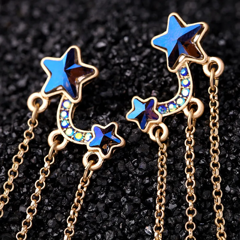 Unique Design Crystal Cute Blue Stars Long Dangle Earrings