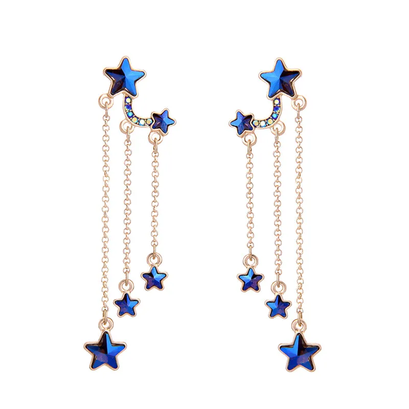 Unique Design Crystal Cute Blue Stars Long Dangle Earrings