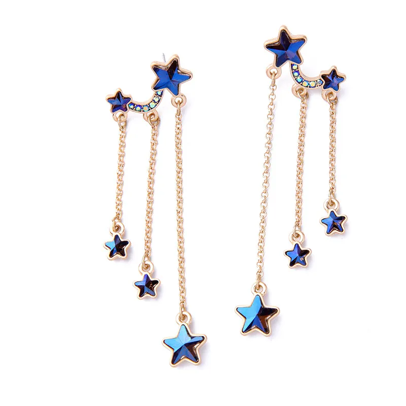 Unique Design Crystal Cute Blue Stars Long Dangle Earrings