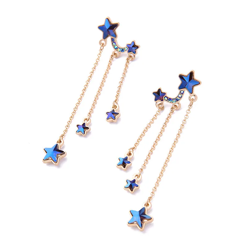 Unique Design Crystal Cute Blue Stars Long Dangle Earrings