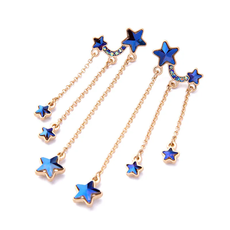 Unique Design Crystal Cute Blue Stars Long Dangle Earrings