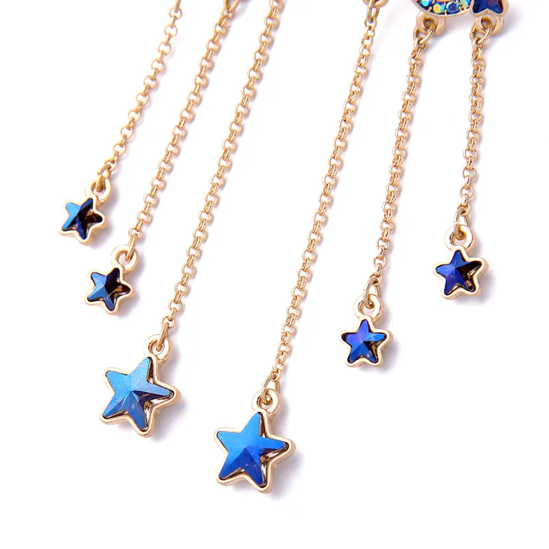 Unique Design Crystal Cute Blue Stars Long Dangle Earrings