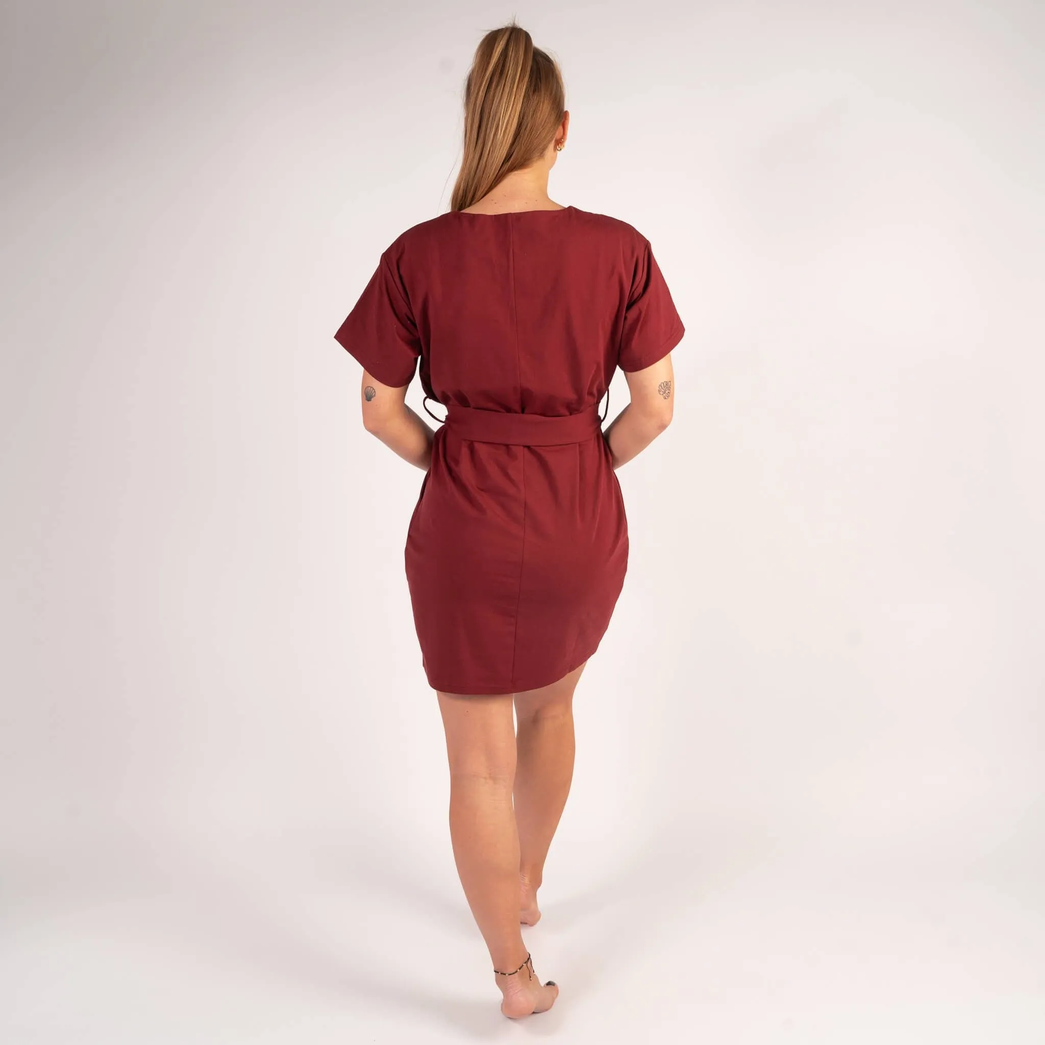 Wine Belted Midi Dress