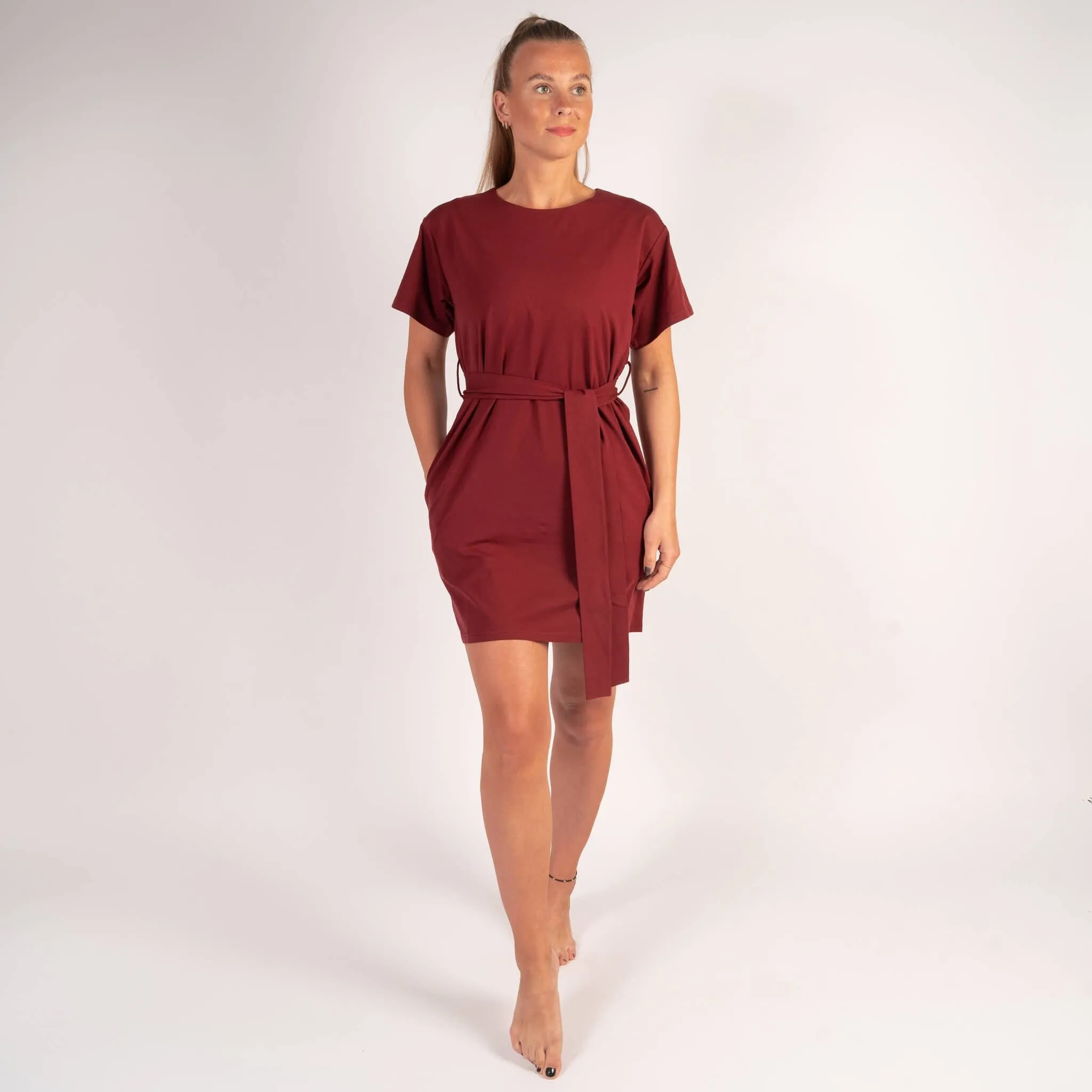 Wine Belted Midi Dress