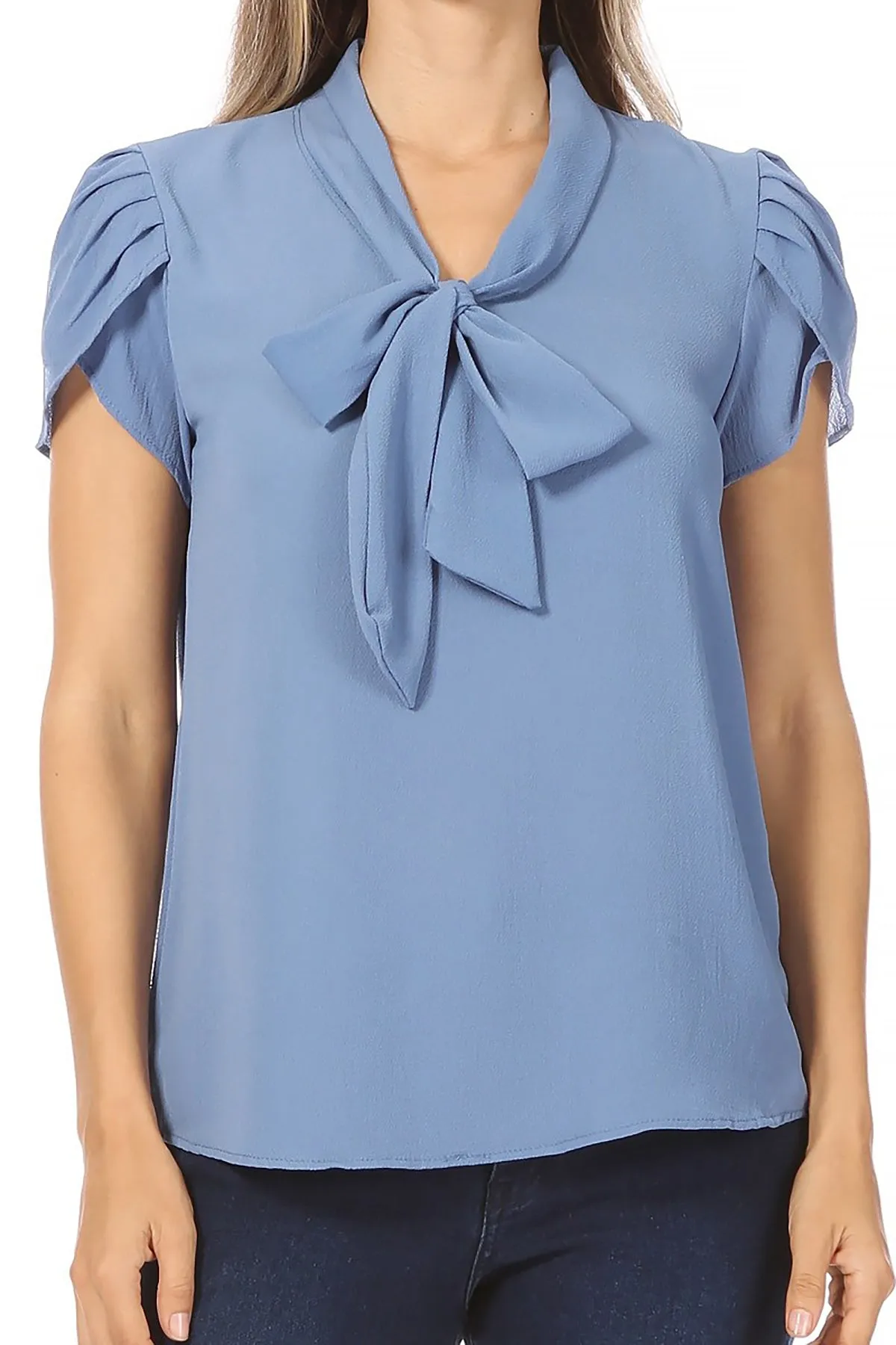 Women's Casual Petal Sleeve Bow Tie Neck Short Sleeve Blouse Top