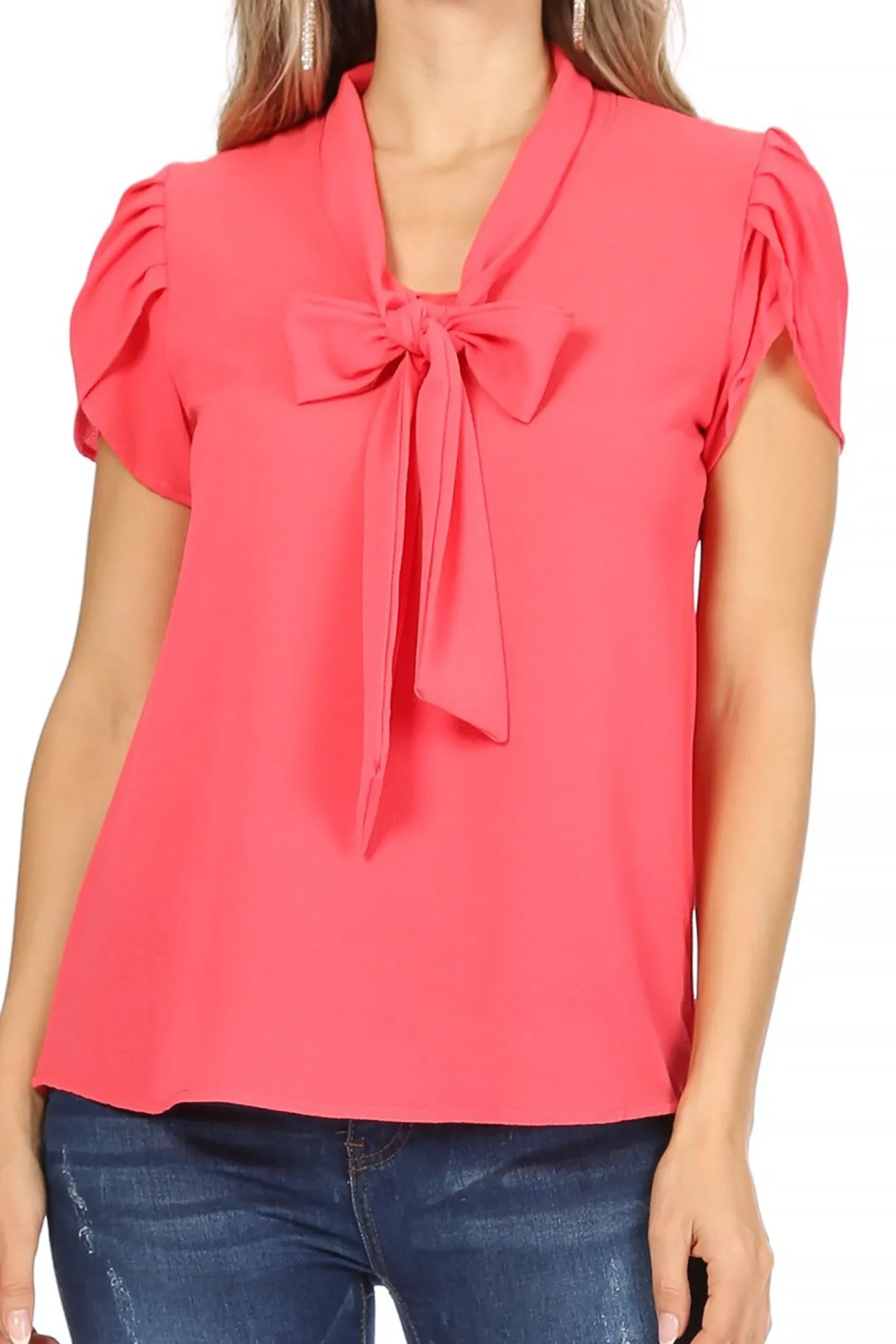 Women's Casual Petal Sleeve Bow Tie Neck Short Sleeve Blouse Top