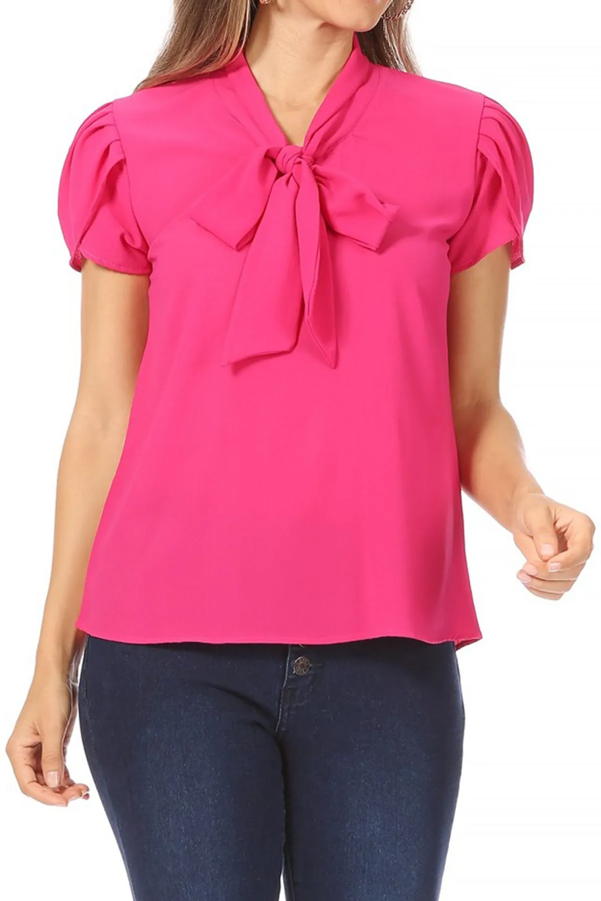 Women's Casual Petal Sleeve Bow Tie Neck Short Sleeve Blouse Top