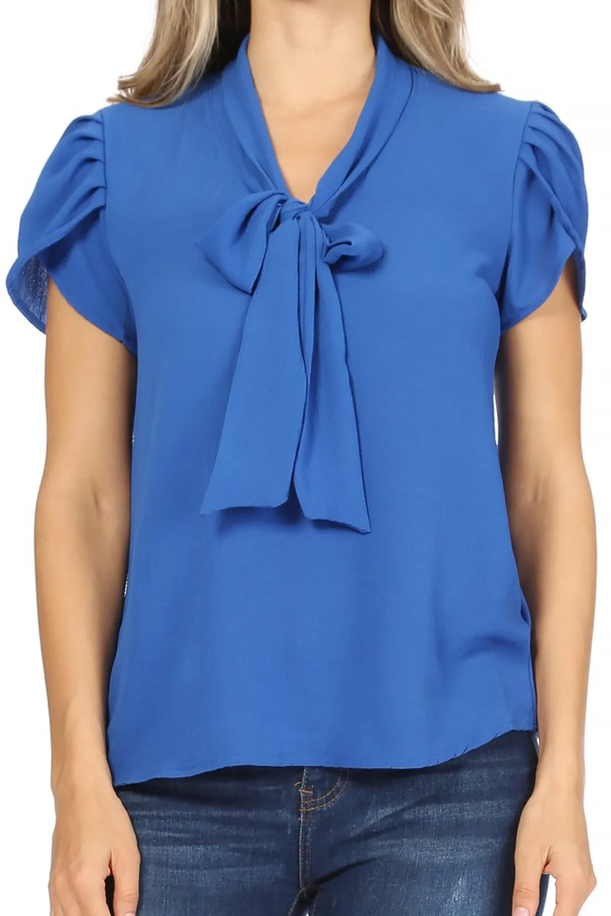 Women's Casual Petal Sleeve Bow Tie Neck Short Sleeve Blouse Top