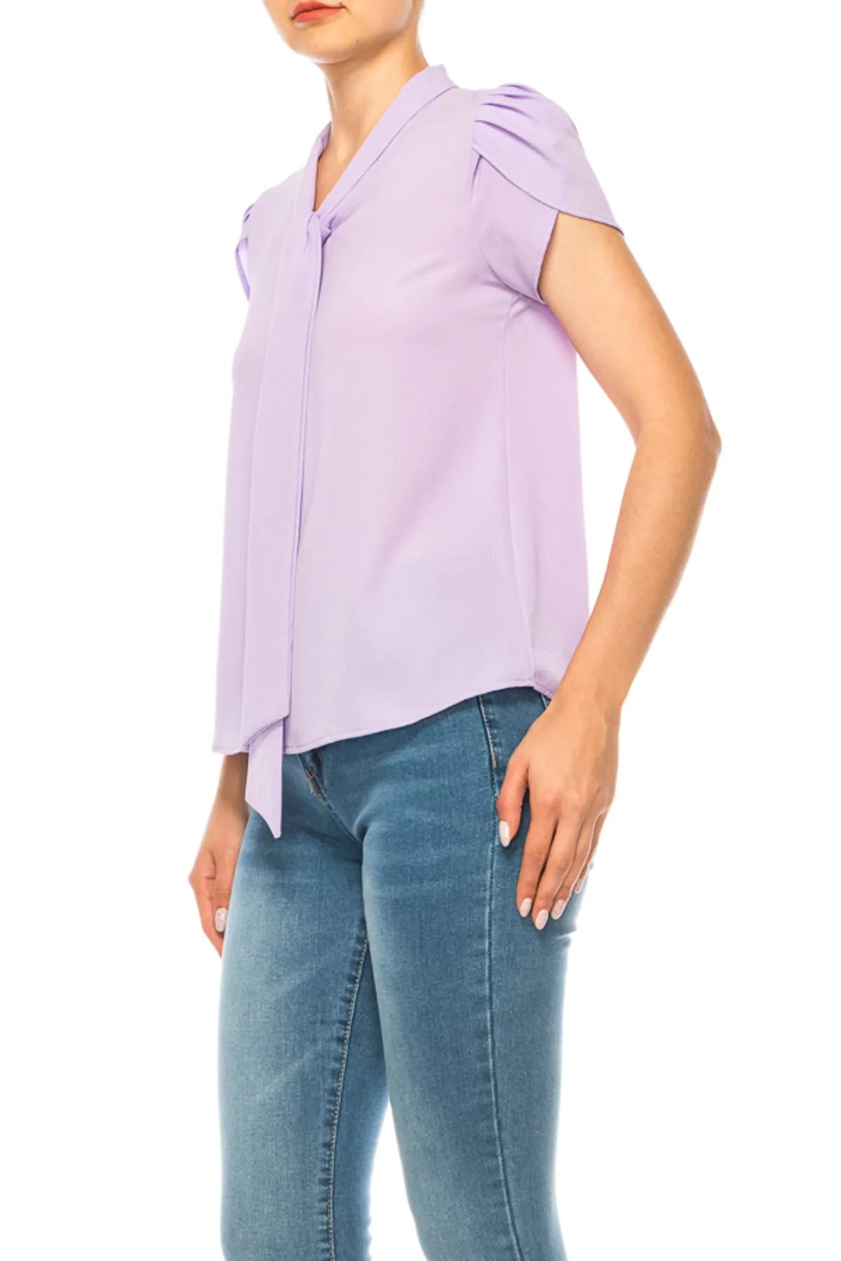 Women's Casual Petal Sleeve Bow Tie Neck Short Sleeve Blouse Top