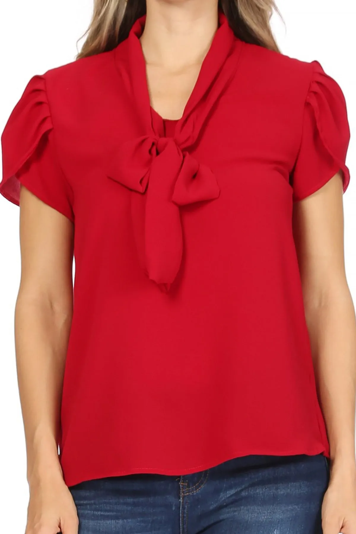 Women's Casual Petal Sleeve Bow Tie Neck Short Sleeve Blouse Top