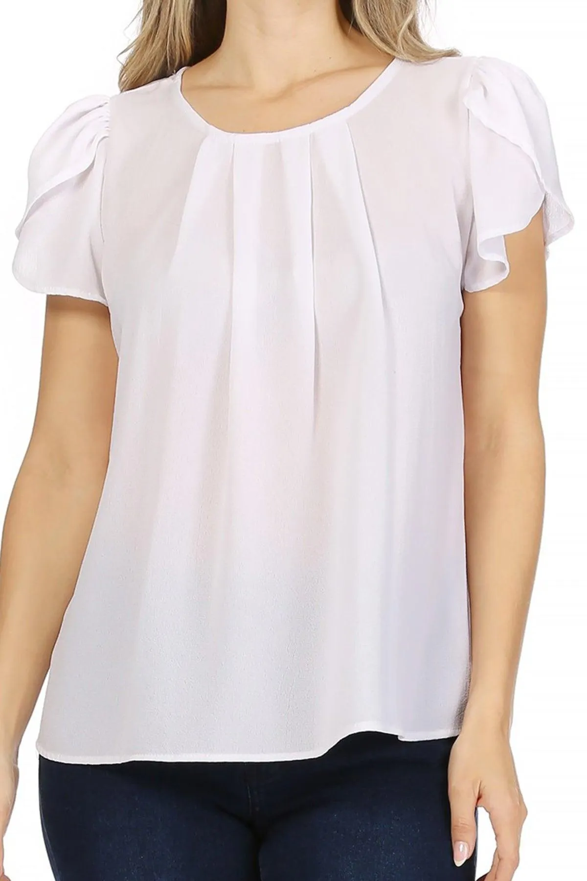 Women's Casual Solid Pleated Front Petal Cap Sleeve Round Neck Blouse