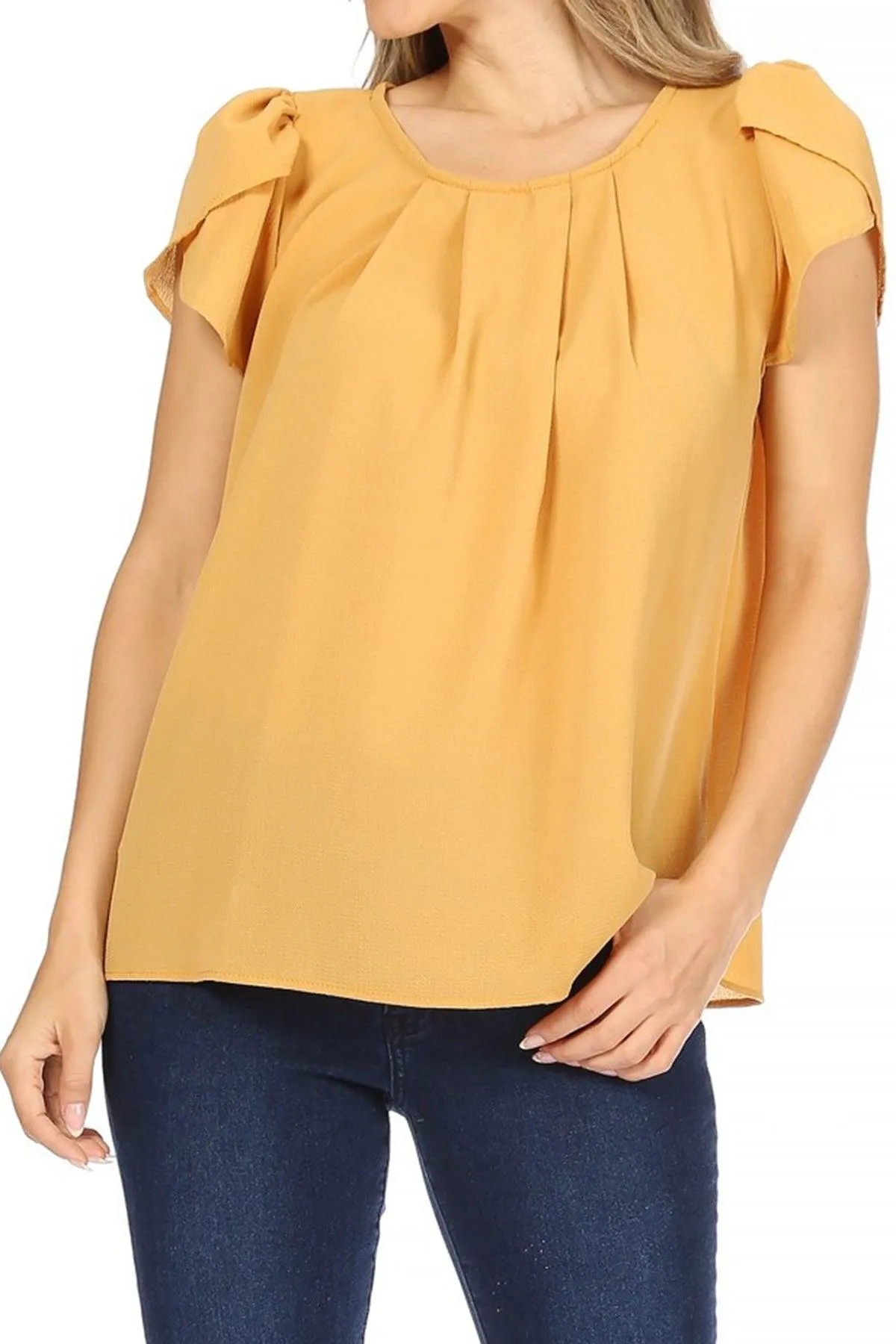 Women's Casual Solid Pleated Front Petal Cap Sleeve Round Neck Blouse