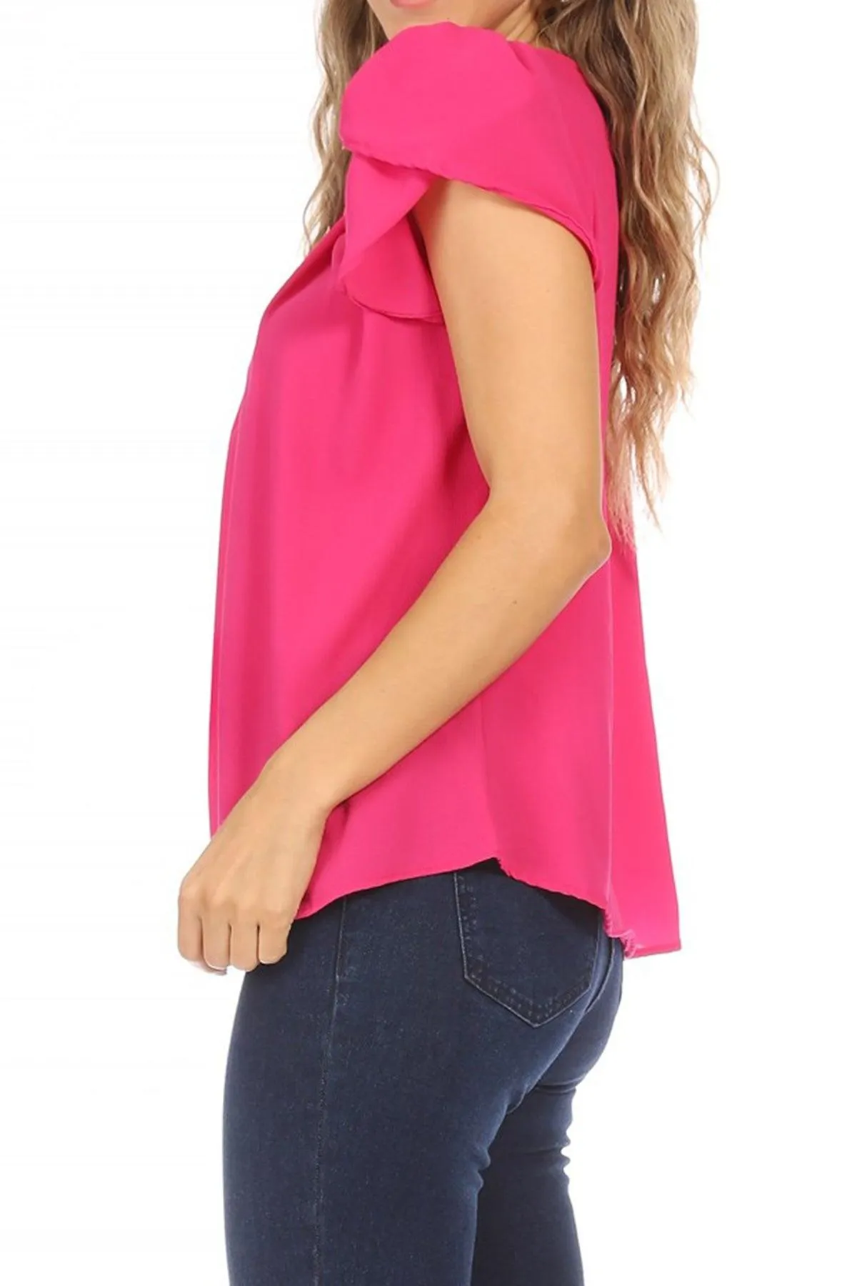 Women's Casual Solid Pleated Front Petal Cap Sleeve Round Neck Blouse