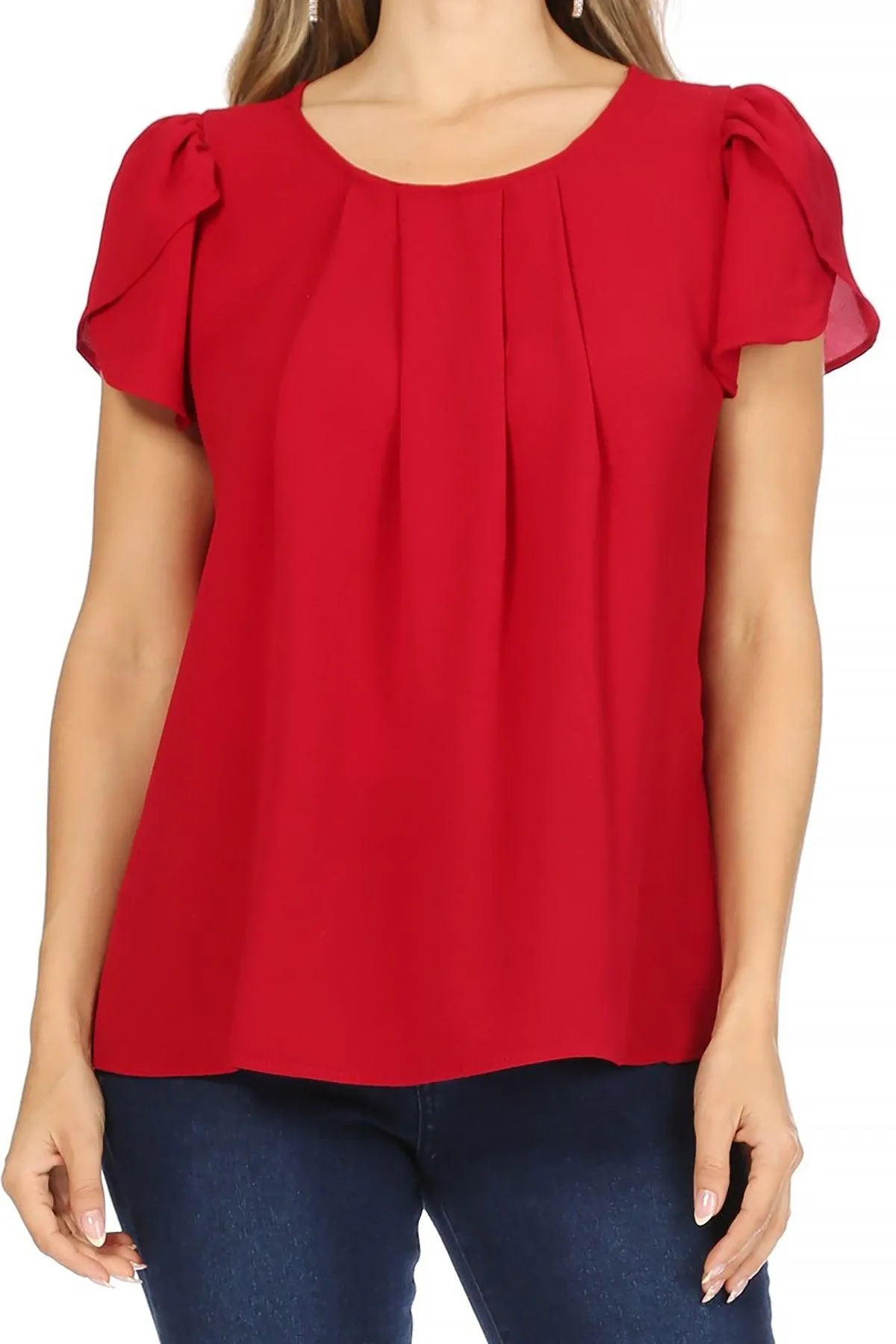 Women's Casual Solid Pleated Front Petal Cap Sleeve Round Neck Blouse