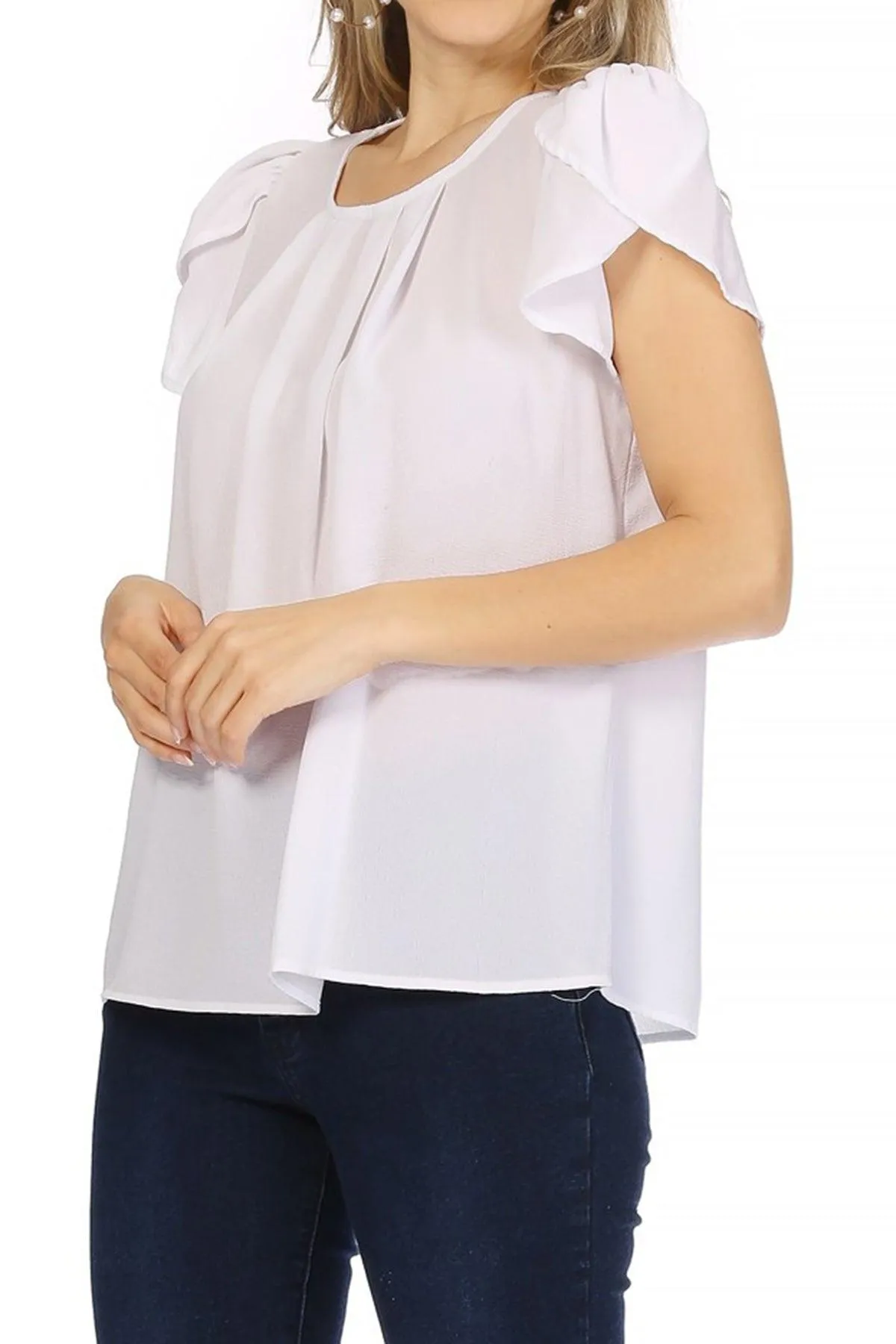 Women's Casual Solid Pleated Front Petal Cap Sleeve Round Neck Blouse